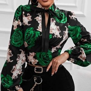 Green Black Floral Print Lantern Sleeve Tie Neck Blouse